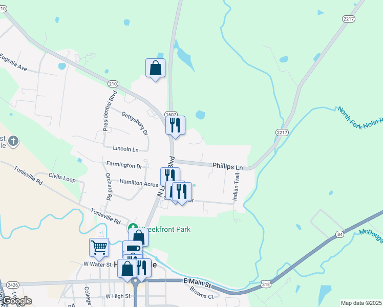 map of restaurants, bars, coffee shops, grocery stores, and more near 2-36 Phillips Lane in Hodgenville