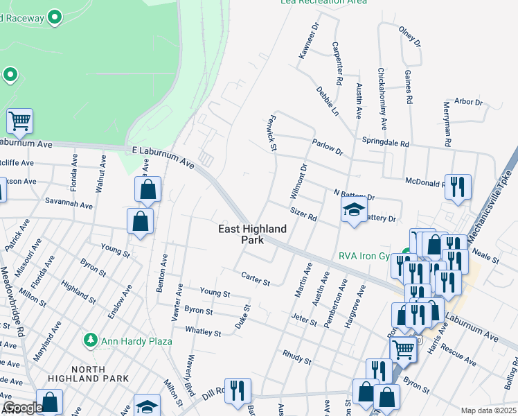 map of restaurants, bars, coffee shops, grocery stores, and more near 3908 Fenwick Street in Richmond