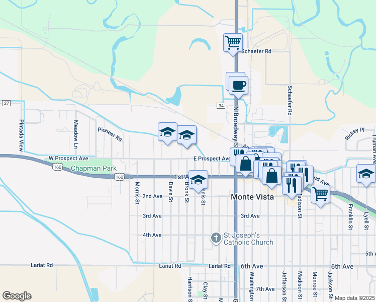 map of restaurants, bars, coffee shops, grocery stores, and more near 349 East Prospect Avenue in Monte Vista