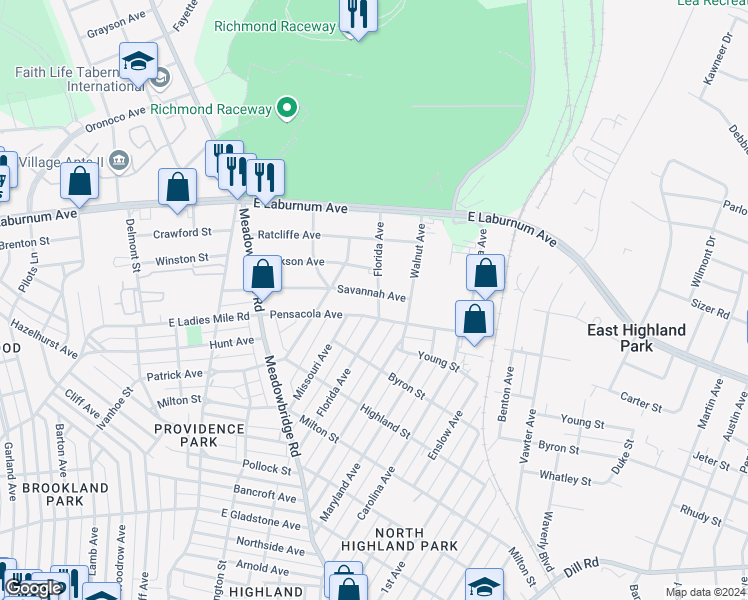 map of restaurants, bars, coffee shops, grocery stores, and more near 727 Savannah Avenue in Richmond