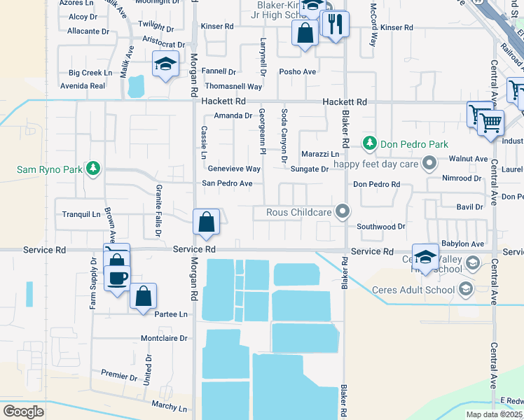 map of restaurants, bars, coffee shops, grocery stores, and more near 1432 Don Pedro Road in Ceres