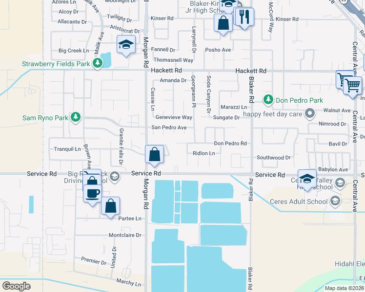 map of restaurants, bars, coffee shops, grocery stores, and more near 1416 Don Pedro Road in Ceres