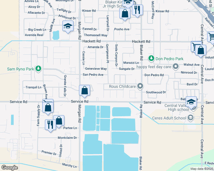 map of restaurants, bars, coffee shops, grocery stores, and more near 1432 Don Pedro Road in Ceres
