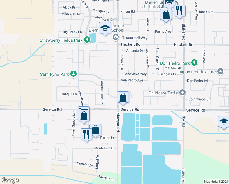 map of restaurants, bars, coffee shops, grocery stores, and more near 3850 Lexar Drive in Ceres