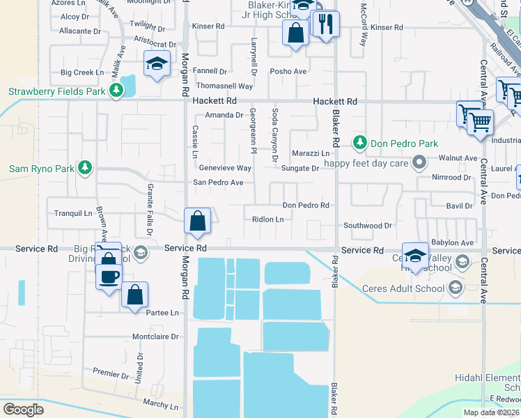 map of restaurants, bars, coffee shops, grocery stores, and more near 3821 Red Haven Lane in Ceres