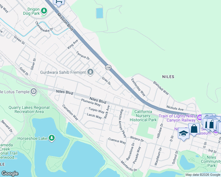 map of restaurants, bars, coffee shops, grocery stores, and more near 303 Grau Drive in Fremont