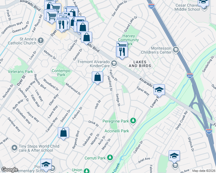 map of restaurants, bars, coffee shops, grocery stores, and more near 32773 Hilmar Street in Union City