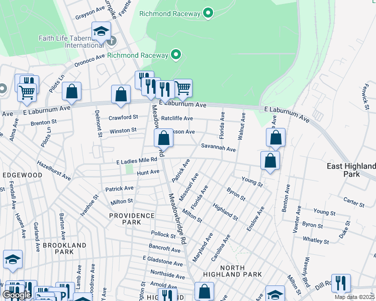 map of restaurants, bars, coffee shops, grocery stores, and more near 3704 Patrick Avenue in Richmond