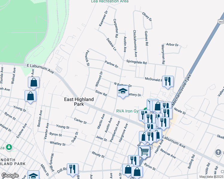 map of restaurants, bars, coffee shops, grocery stores, and more near 4007 Arden Road in Richmond