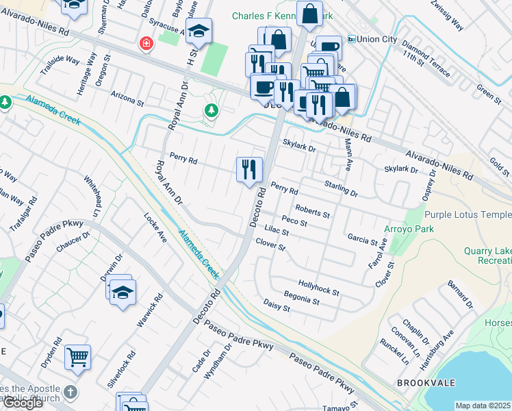 map of restaurants, bars, coffee shops, grocery stores, and more near 2651 Decoto Road in Union City