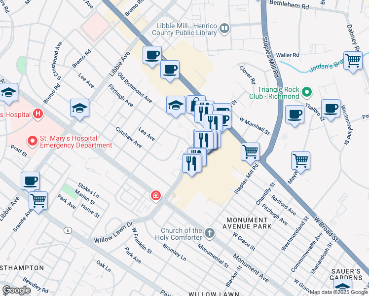 map of restaurants, bars, coffee shops, grocery stores, and more near 1518 Willow Lawn Drive in Richmond