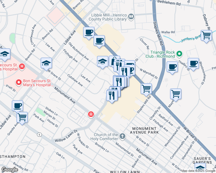 map of restaurants, bars, coffee shops, grocery stores, and more near 1518 Willow Lawn Drive in Richmond