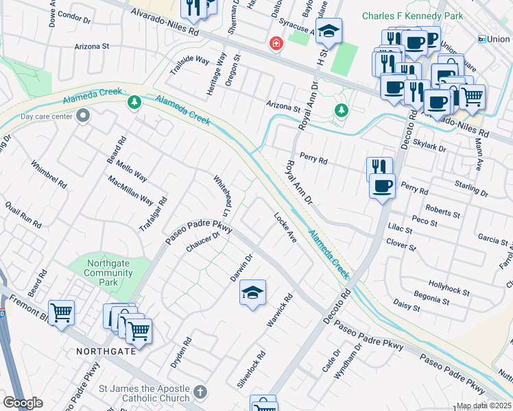 map of restaurants, bars, coffee shops, grocery stores, and more near 34334 Dobson Way in Fremont