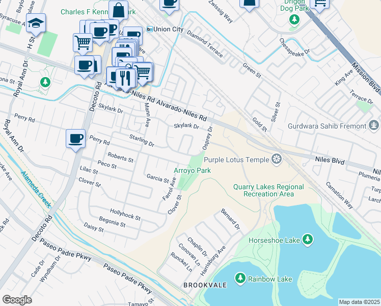 map of restaurants, bars, coffee shops, grocery stores, and more near 34926 Osprey Drive in Union City