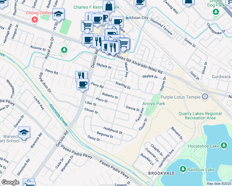 map of restaurants, bars, coffee shops, grocery stores, and more near 34961 Perry Road in Union City