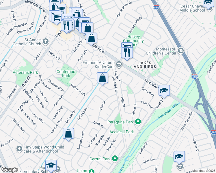 map of restaurants, bars, coffee shops, grocery stores, and more near 32700 Hilmar Street in Union City
