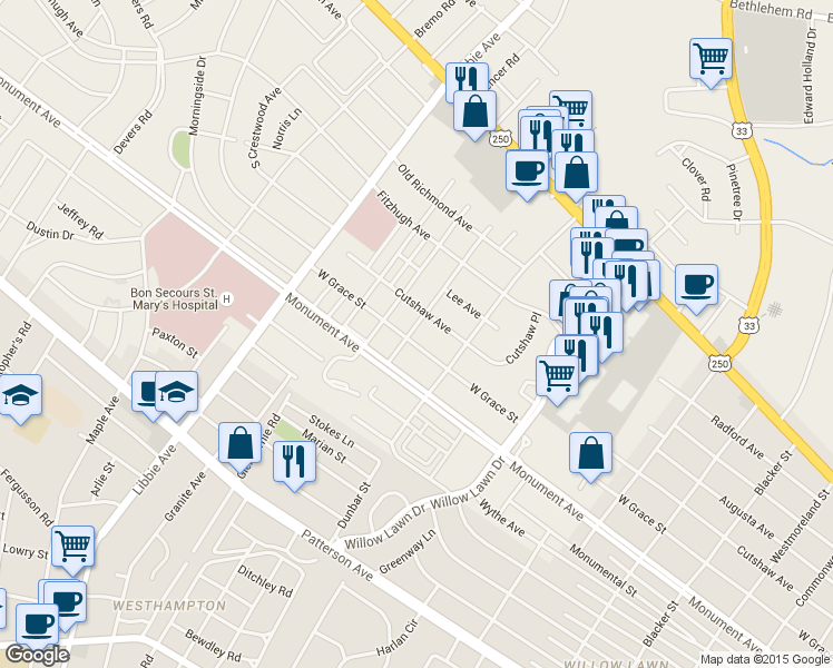 map of restaurants, bars, coffee shops, grocery stores, and more near 5318 West Grace Street in Richmond