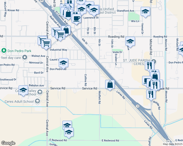map of restaurants, bars, coffee shops, grocery stores, and more near 2520 Don Pedro Road in Ceres