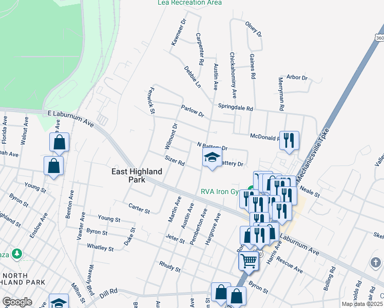 map of restaurants, bars, coffee shops, grocery stores, and more near 4007 Arden Road in Richmond