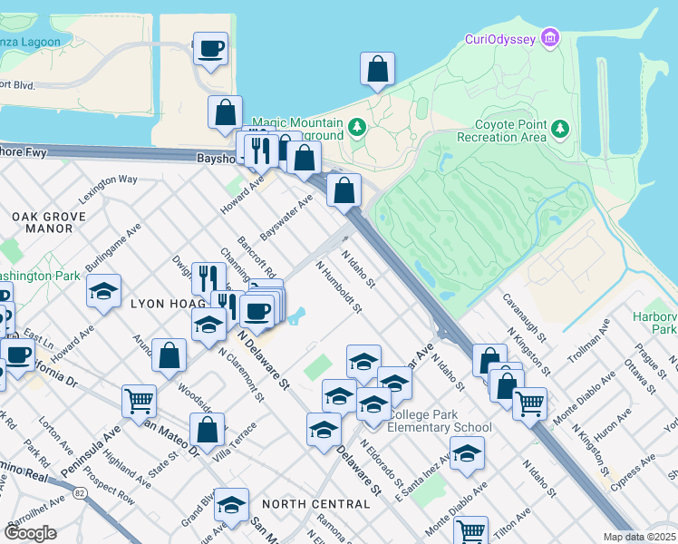 map of restaurants, bars, coffee shops, grocery stores, and more near 841 North Idaho Street in San Mateo