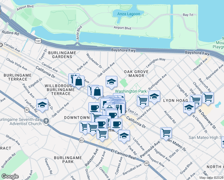 map of restaurants, bars, coffee shops, grocery stores, and more near 1 Mangini Way in Burlingame