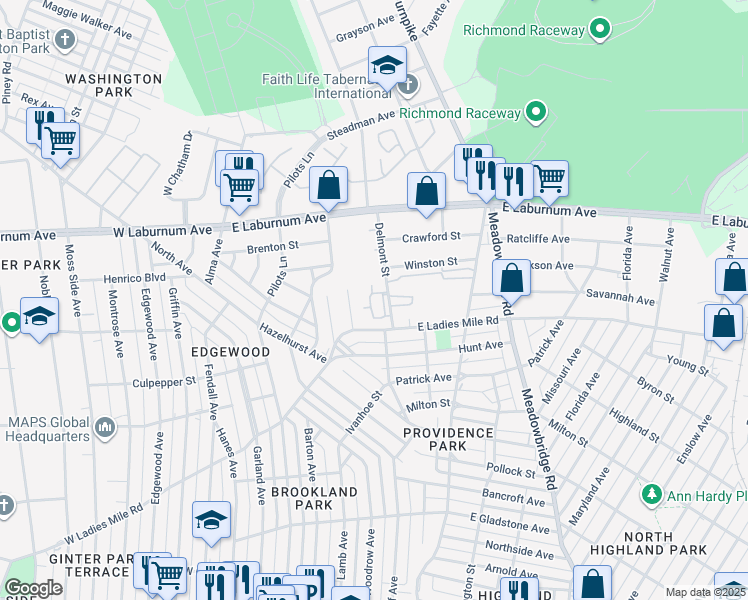 map of restaurants, bars, coffee shops, grocery stores, and more near 3751 Delmont Street in Richmond