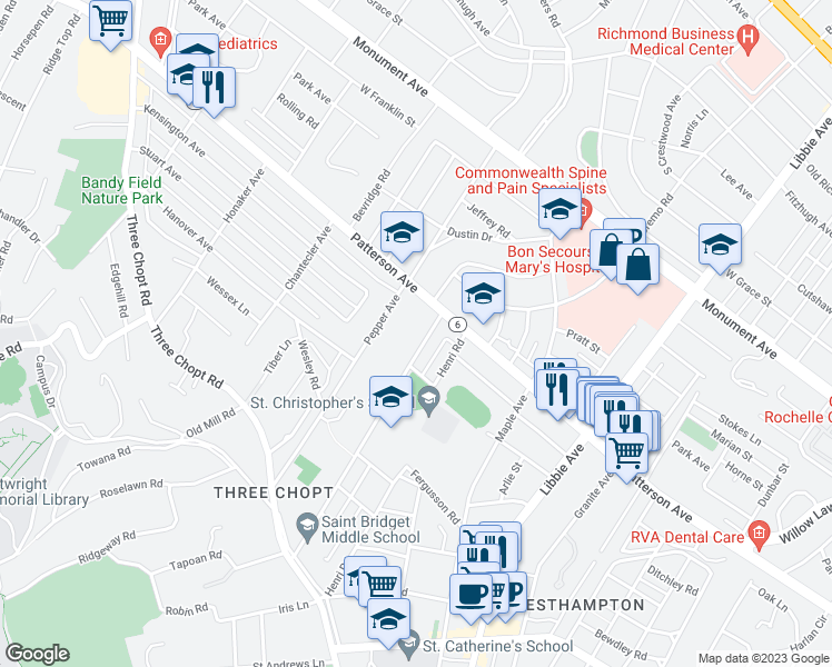 map of restaurants, bars, coffee shops, grocery stores, and more near 812 Saint Christopher's Road in Richmond