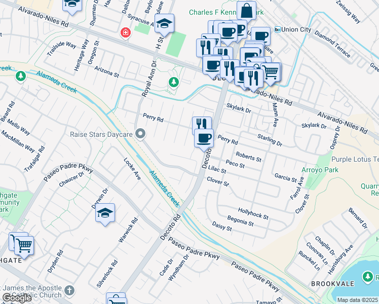 map of restaurants, bars, coffee shops, grocery stores, and more near 2599 Cherrywood Drive in Union City