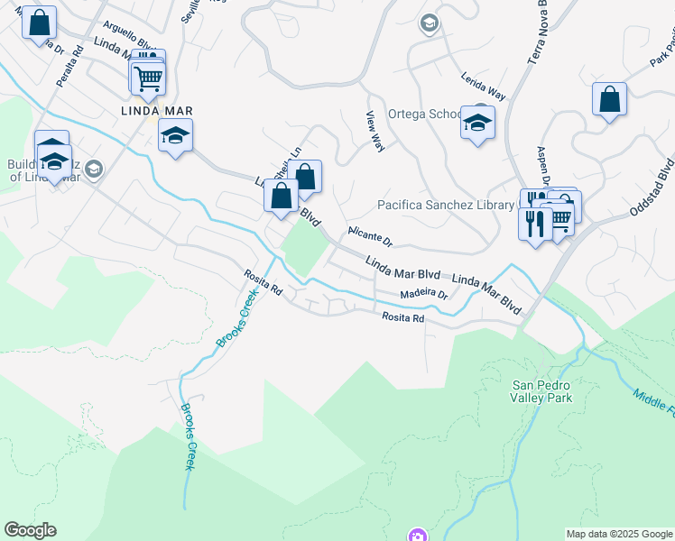 map of restaurants, bars, coffee shops, grocery stores, and more near 1344 Alicante Dr in Pacifica
