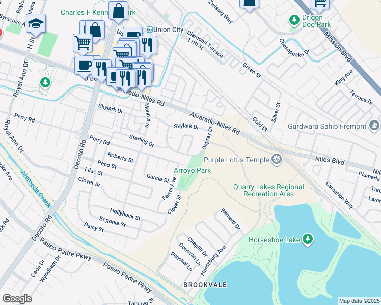 map of restaurants, bars, coffee shops, grocery stores, and more near 34926 Osprey Drive in Union City