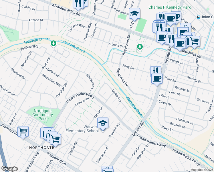 map of restaurants, bars, coffee shops, grocery stores, and more near 34387 Locke Avenue in Fremont
