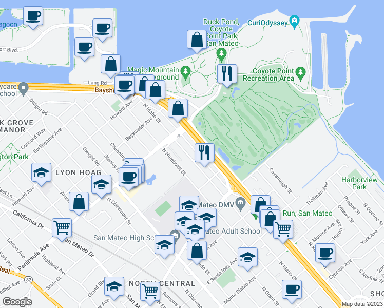 map of restaurants, bars, coffee shops, grocery stores, and more near 814 North Idaho Street in San Mateo