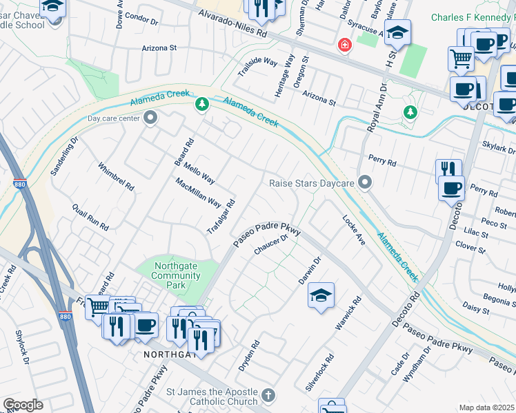 map of restaurants, bars, coffee shops, grocery stores, and more near 34128 Langhorn Court in Fremont