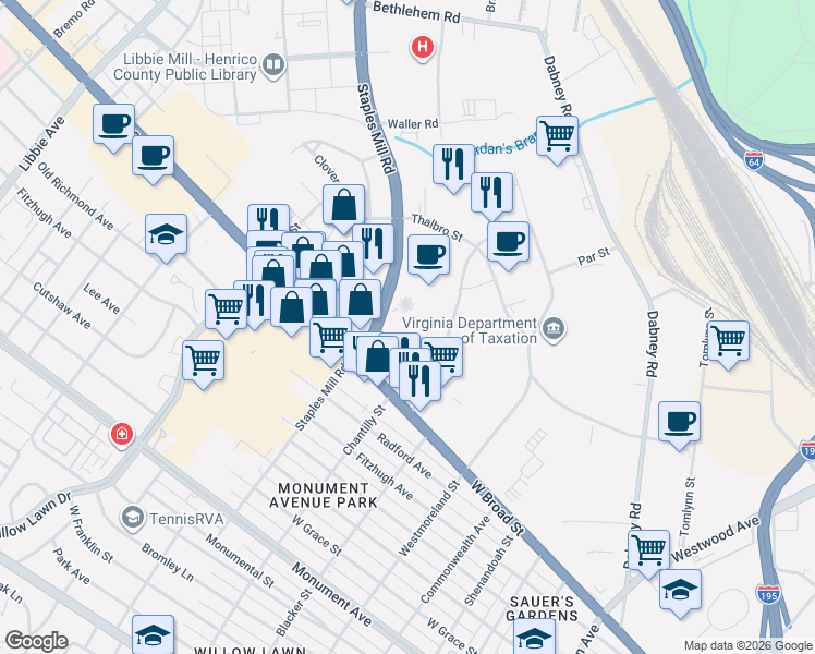 map of restaurants, bars, coffee shops, grocery stores, and more near 2103 Staples Mill Road in Richmond