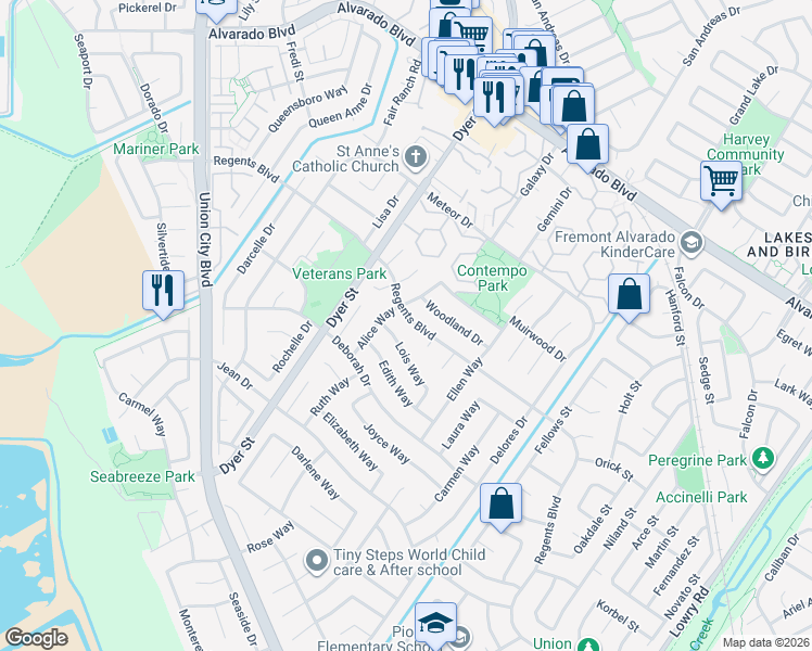 map of restaurants, bars, coffee shops, grocery stores, and more near 32406 Regents Boulevard in Union City