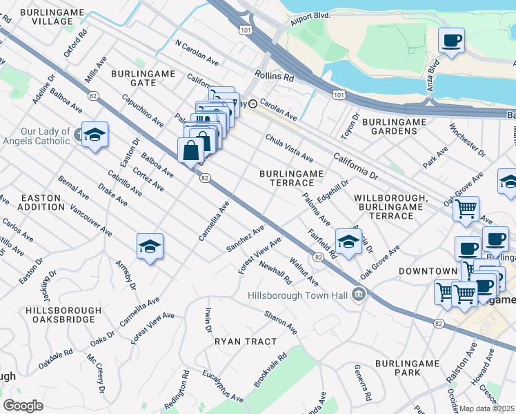 map of restaurants, bars, coffee shops, grocery stores, and more near 1008 El Camino Real in Burlingame