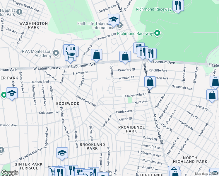 map of restaurants, bars, coffee shops, grocery stores, and more near 3716 Delmont Street in Richmond