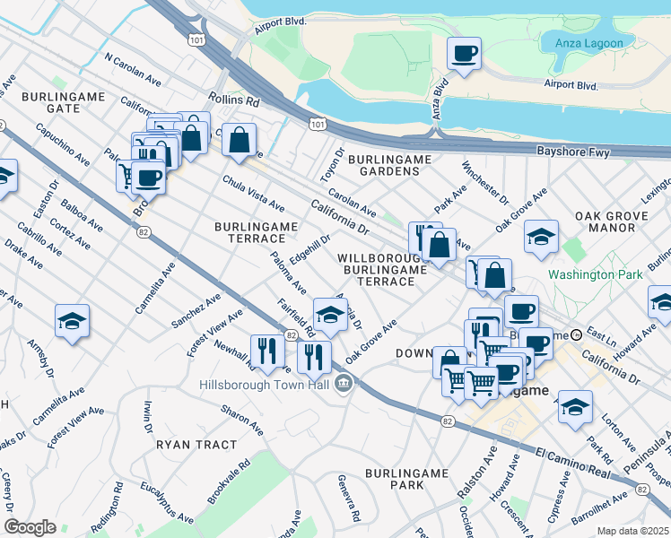 map of restaurants, bars, coffee shops, grocery stores, and more near 815 Crossway Road in Burlingame