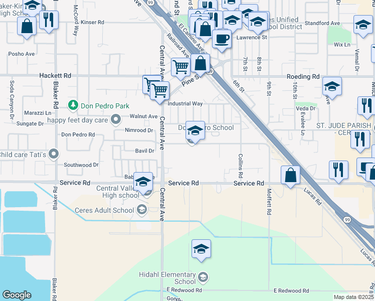 map of restaurants, bars, coffee shops, grocery stores, and more near 2300 Don Pedro Road in Ceres