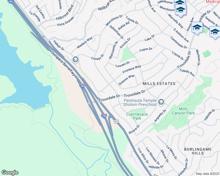 map of restaurants, bars, coffee shops, grocery stores, and more near 1857 Hunt Drive in Burlingame