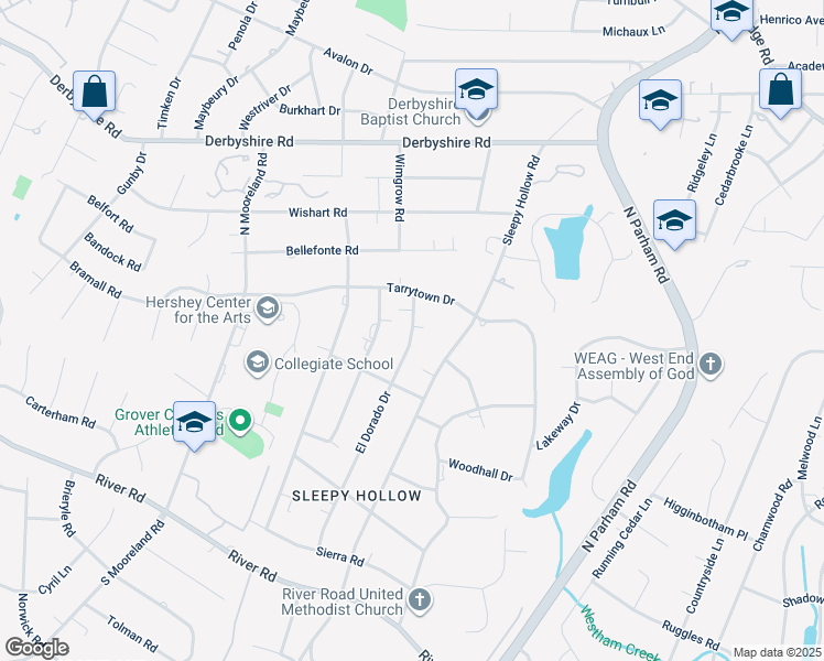 map of restaurants, bars, coffee shops, grocery stores, and more near 306 El Dorado Drive in Henrico