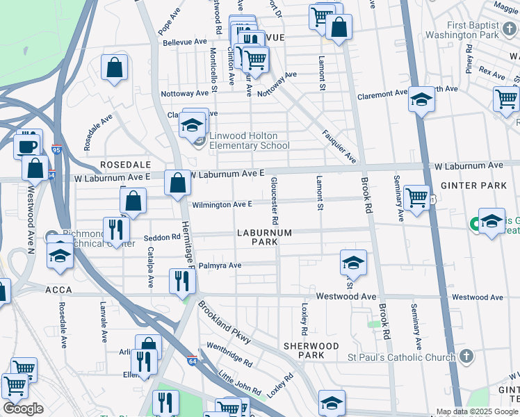 map of restaurants, bars, coffee shops, grocery stores, and more near 1505 Wilmington Avenue in Richmond