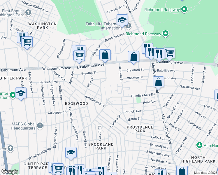 map of restaurants, bars, coffee shops, grocery stores, and more near 340 Grayson St in Richmond