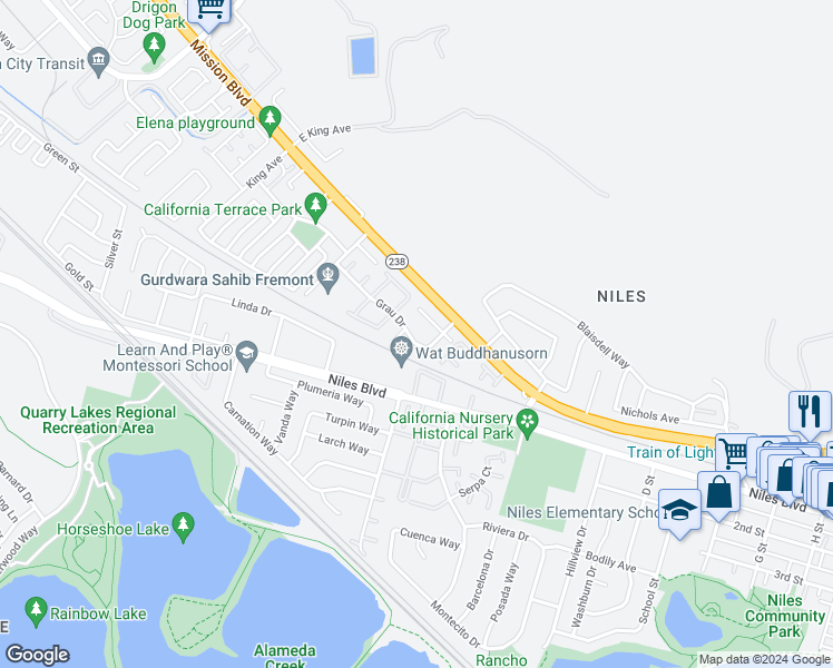 map of restaurants, bars, coffee shops, grocery stores, and more near 303 Grau Drive in Fremont