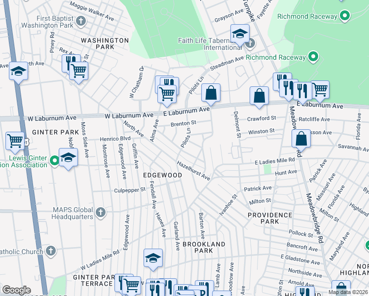 map of restaurants, bars, coffee shops, grocery stores, and more near 3511 Westcliffe Avenue in Richmond