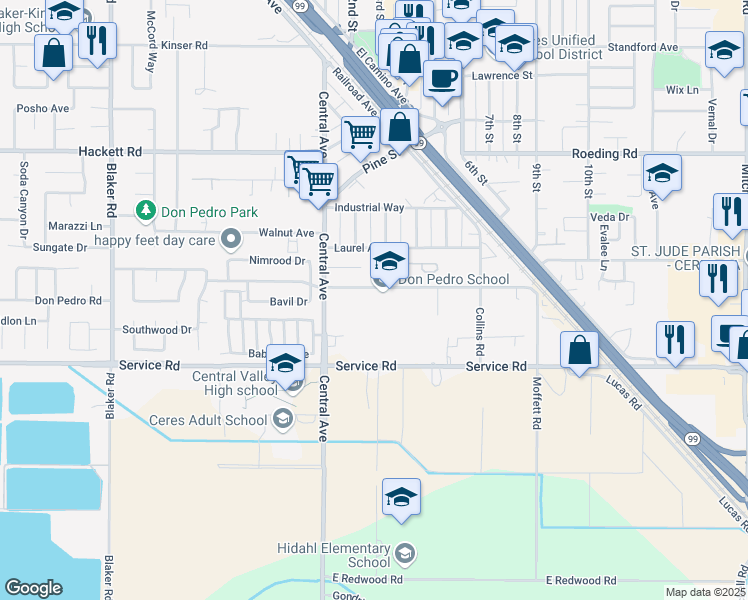 map of restaurants, bars, coffee shops, grocery stores, and more near 2300 Don Pedro Road in Ceres