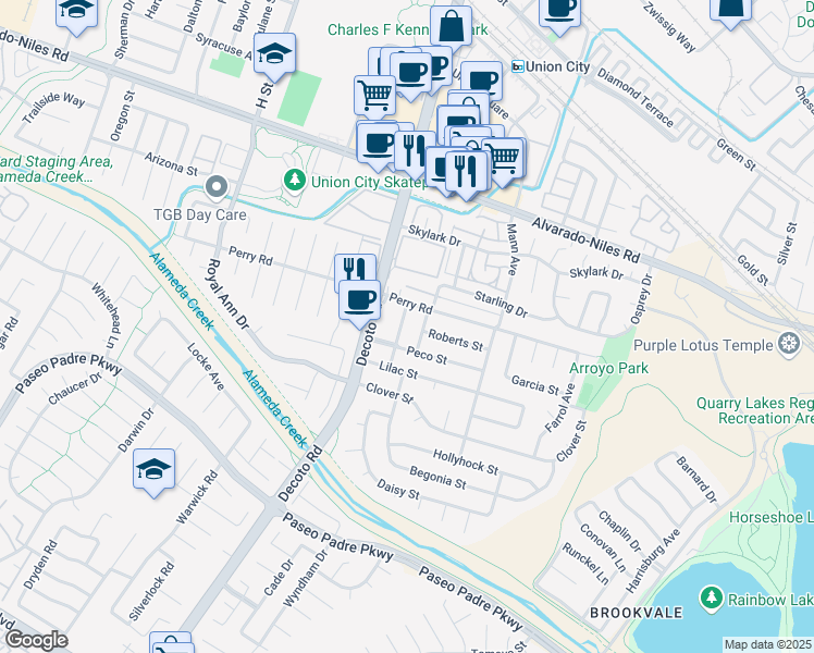 map of restaurants, bars, coffee shops, grocery stores, and more near 2557 Silsby Avenue in Union City