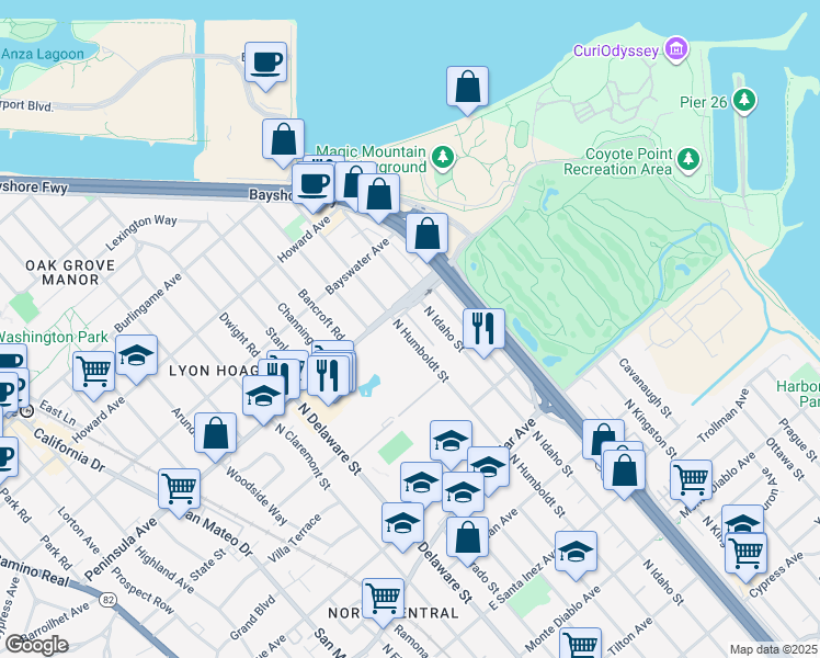 map of restaurants, bars, coffee shops, grocery stores, and more near 841 North Idaho Street in San Mateo