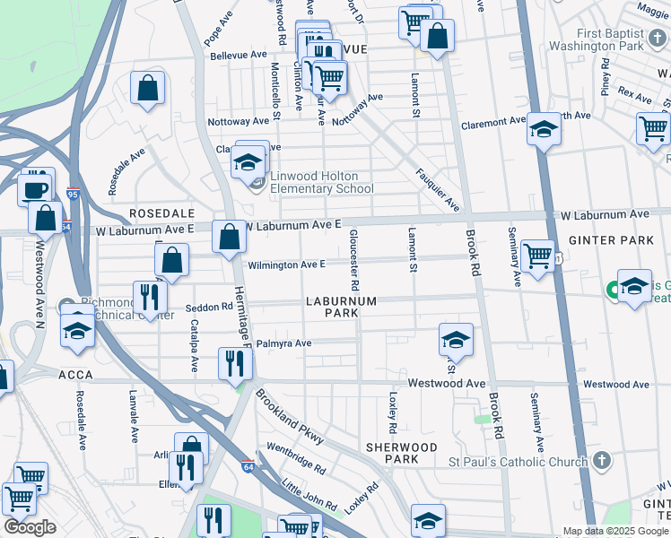 map of restaurants, bars, coffee shops, grocery stores, and more near 1505 Wilmington Avenue in Richmond