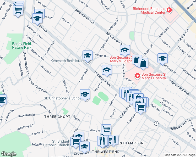 map of restaurants, bars, coffee shops, grocery stores, and more near in Richmond